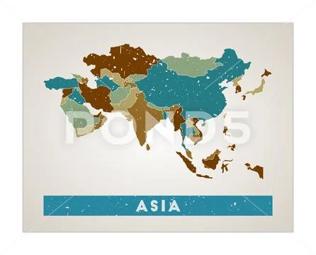 Asia Map Continent Poster With Regions Old Grunge Texture Shape Of