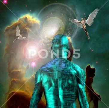 Cyborg Surreal Digital Art Naked Man With Electric Circuit Pattern On