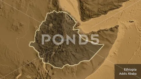 Ethiopia Border Shape Overlay Glowed Sepia Elevation Labels Clip