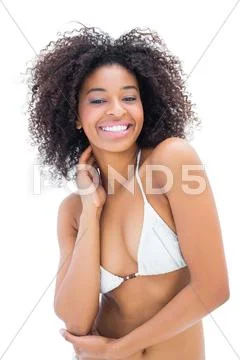 Fit Girl In White Bikini Smiling At Camera Stock Image