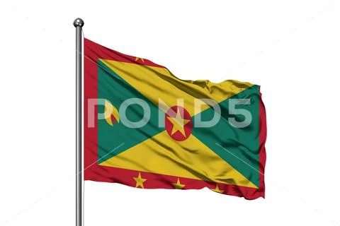 Flag Of Grenada Waving In The Wind Isolated White Background