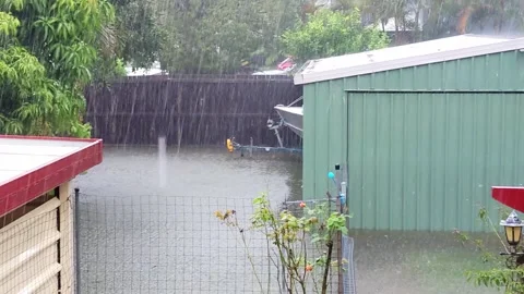 Flooded Suburban Backyard During Heavy R Stock Video Pond