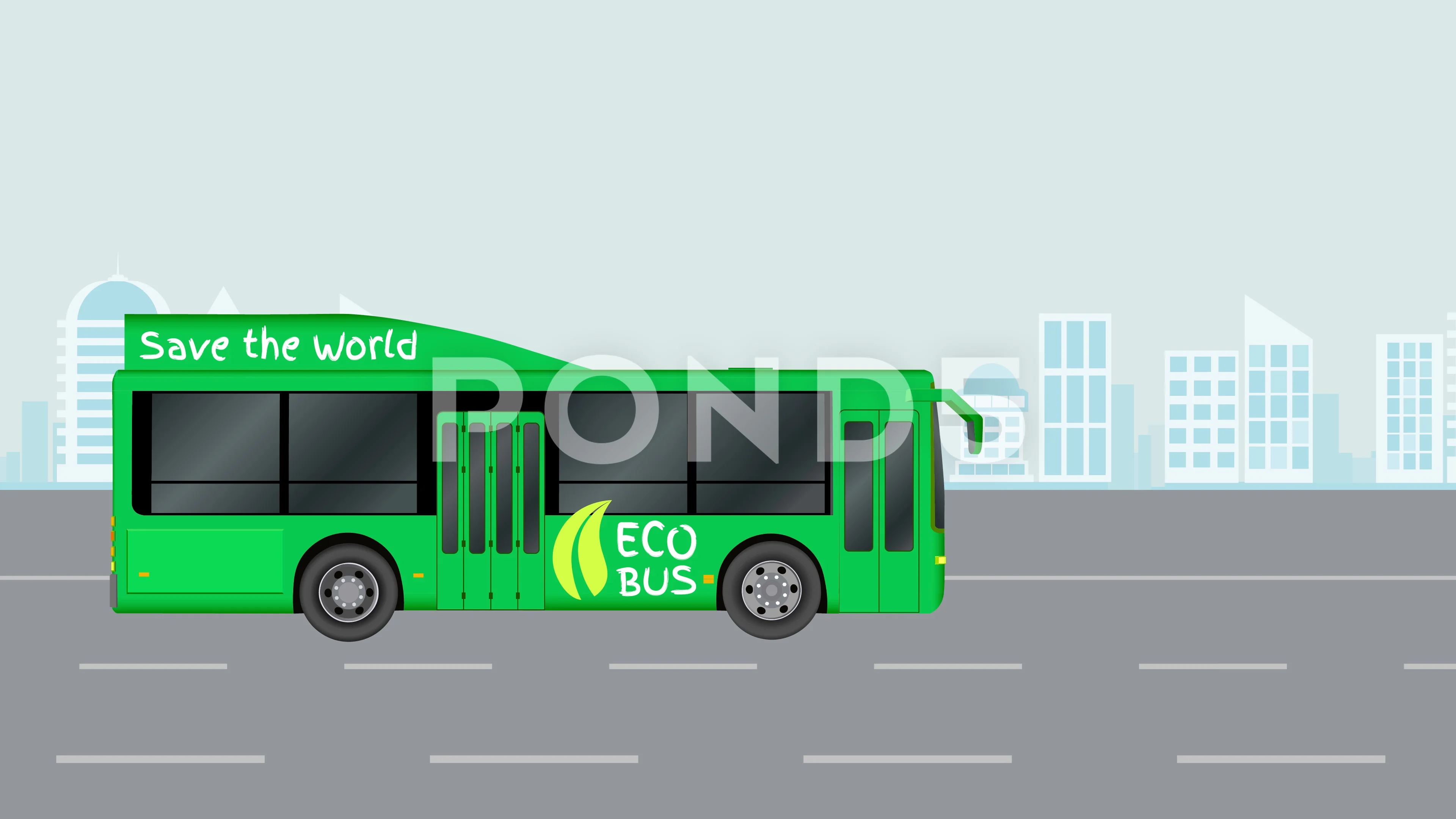 green city eco bus on road. animated illustration of electric