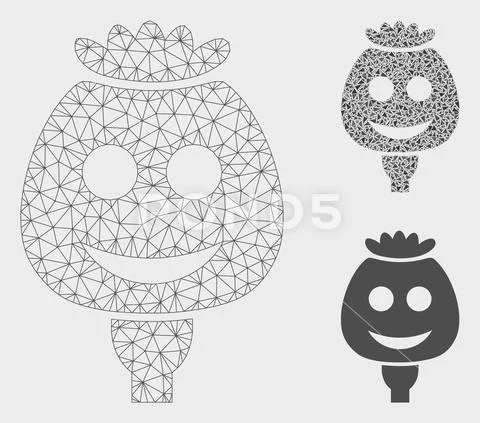 Happy Opium Poppy Vector Mesh Wire Frame Model And Triangle Mosaic Icon