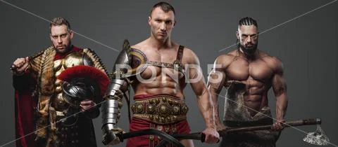 Naked Gladiator With Greek Warlord And Barbaric Viking Stock Photo