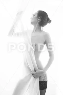 Naked Sensual Woman With Veil On White Background Naked Sensual Woman