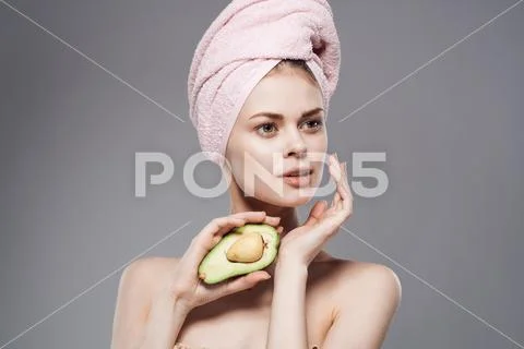 Photograph Pretty Woman Naked Shoulders Avocado In Hand Exotic Fruits