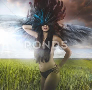 Representation Of Spring Naked Woman With Bird Feathers Clip Art