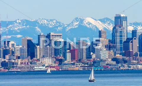 Seattle Skyline Sailboats Puget Sound Cascade Mountains Washington