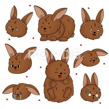 Set Of Brown Cute Cartoon Bunny And Rabbits That Are Sitting And Lying