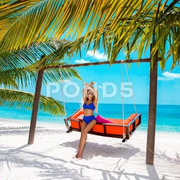 Sexy Tanned Woman Bikini Model At Maldives Tropical Sand Beach Glamour