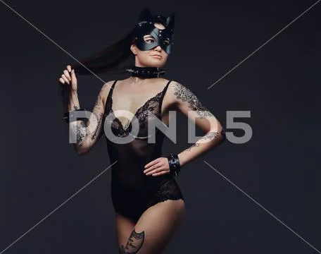 Photograph Sexy Woman Wearing Black Lingerie In Bdsm Cat Leather Mask