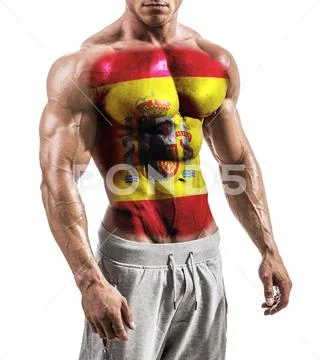 Shirtless Muscular Man With Spain Flag Painted On Naked Chest Hi Res