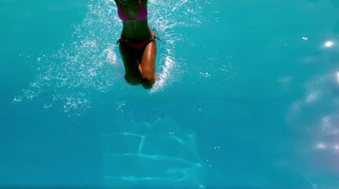 Woman In Pink Bikini Jumping Into Swimmi Stock Video Pond