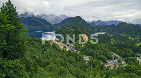 Surroundings of Hohenschwangau Castle with Alpsee with mountains and Alps