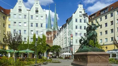 Nikolai district with statue of St. Georg in Berlin