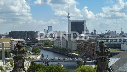View of the Spree, Friedrichstrasse train station, the cathedral and the Berlin television tower