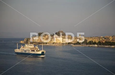 Corfu town, view from the sea with ferry