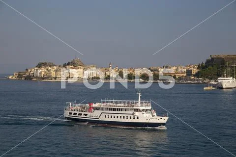 Corfu town, view from the sea with ferry