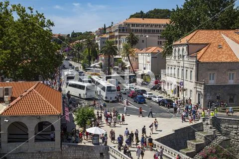 Tourist crowd at the gates of the city of Dubrownik, Croatia