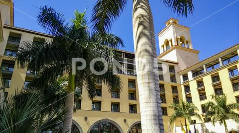 Detail of a hotel with palm tree and sky, Maspalomas, Gran Canaria