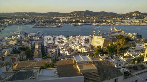 View from the castle in Ibiza town of Eivissa and port, Spain