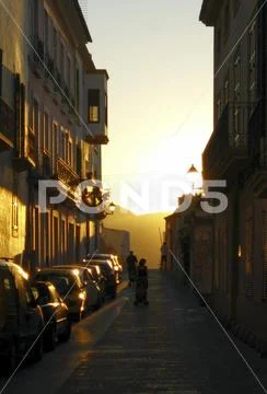 Alley on mountain in Ibiza town Eivissa, Spain in the evening light
