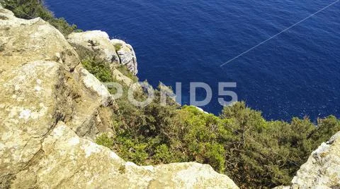 Cliff and vegetation on the Mediterranean Sea, Lanzarote / Spain