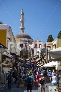 Rhodes old town city with tourists