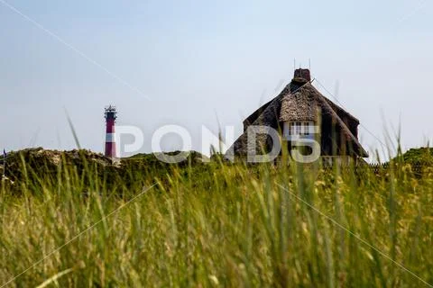 Sylt, thatched roof house and H+Ârnum lighthouse