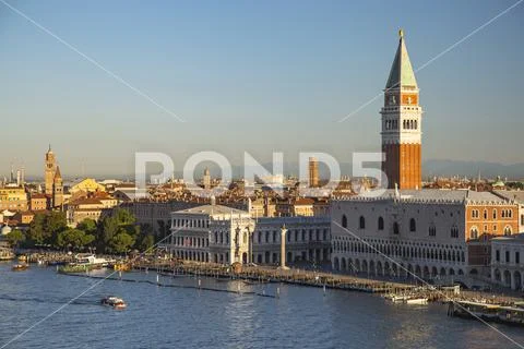 View of the Doge's Palace and Campanile from the deck of a cruise ship
