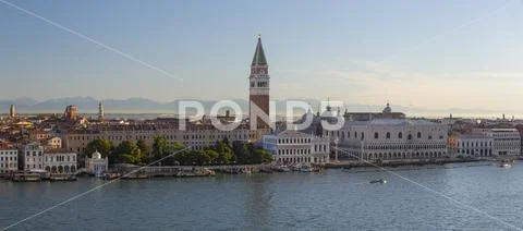 View of the Doge's Palace, Campanile, St. Mark's Basilica and St. Mark's Square from the deck of a cruise ship