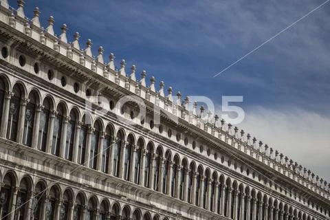 Detailed view of the Procuracy Vecchie facade on St. Mark's Square, Venice / Italy