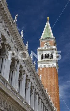 Facade of the Biblioteca Nazionale Marciana with Campanile, Venice / Italy