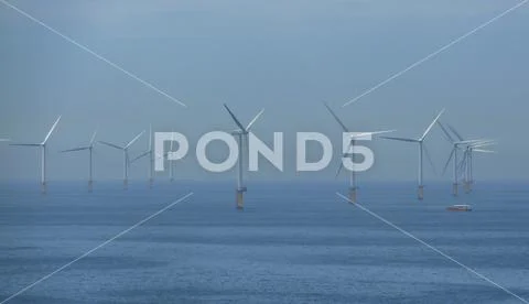 Wind turbines in the offshore wind farm in the North Sea