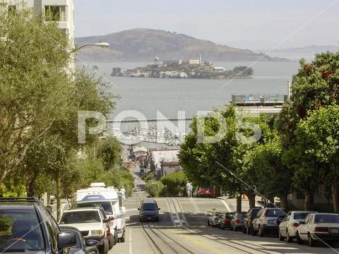 Streets of San Francisco with a view of Alcatraz