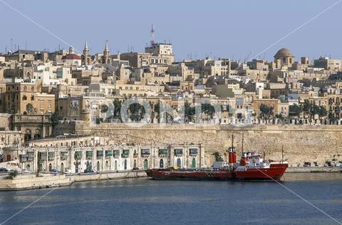 Valletta harbor with fireboat.
