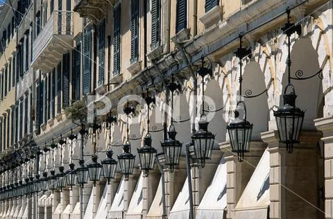 Traditional facade with lanterns in Corfu town