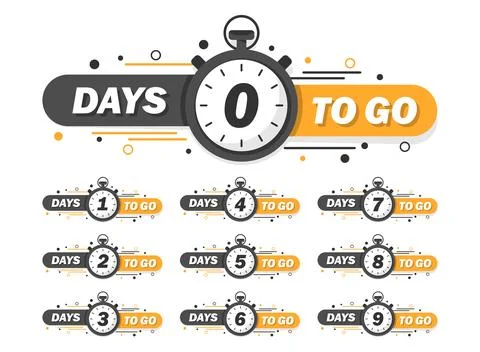0, 1, 2, 3, 4, 5, 6, 7, 8, 9 days left icon in flat style. Offer countdown .. Stock Illustration