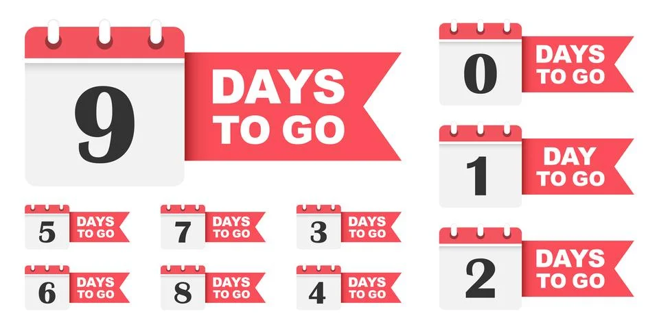 0, 1, 2, 3, 4, 5, 6, 7, 8, 9 days left icon in flat style. Offer countdown .. Stock Illustration