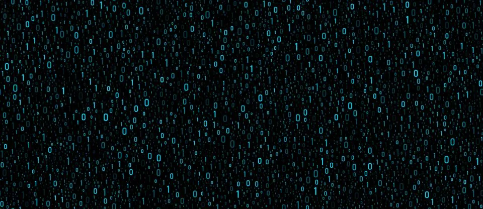 0 and 1 data flow wide cyan and black technology seamless background. Big data Stock Illustration