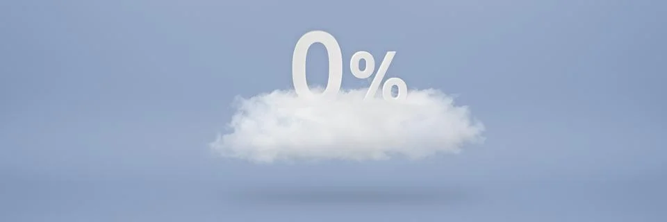 0 percent. 3D numbers float on a cloud on a blue background. Copy space Illustrazione stock