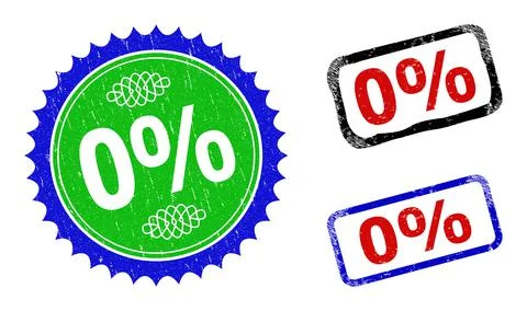 0 Percents Rosette and Rectangle Bicolor Stamp Seals with Distress Styles Stock Illustration