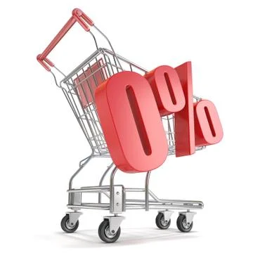 0% - zero percent discount in front of shopping cart. Sale concept. 3D Illustrazione stock
