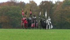 HD1080i Five Middle Ages knights with long sword on horse ride on meadow