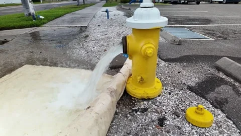 0003A bright yellow fire hydrant spews a steady stream of water into a gravel pa Видео 332723764