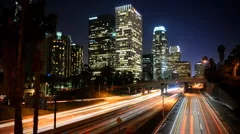 Los Angeles Skyline, Highway Traffic, Aerial City Night LA Downtown, Time Lapse