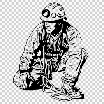 001 Worker In Hard Hat Crouching Down harness ropes Stock-Illustration
