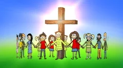 Children standing in a circle around the cross