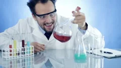 Mad Scientist laughing and holding Volumetric Flask with red liquid